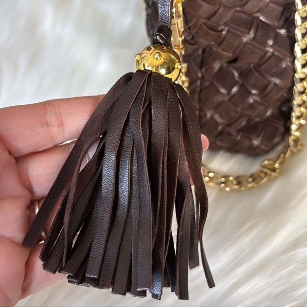 BALLY Elegant Brown Woven Suede & Leather Satchel w/Gold HDW, Chain & Tassel EUC - Picture 10 of 12